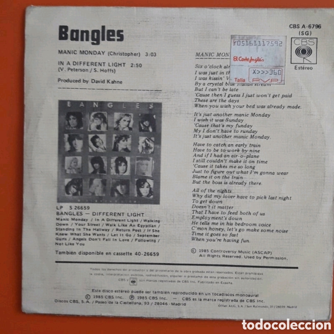 Discos de vinilo: Single Bangles. Manic Monday - Foto 2