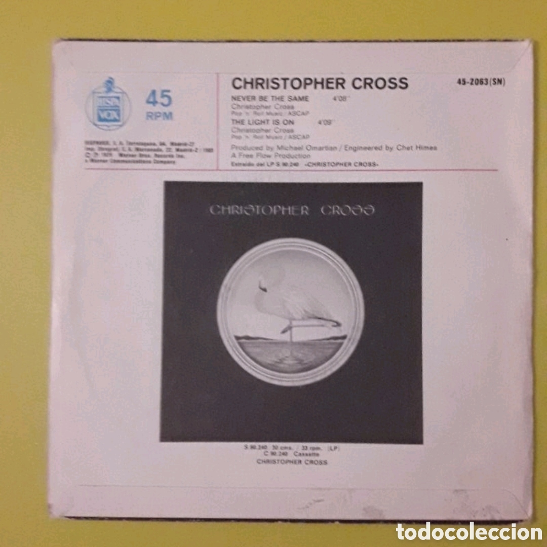 Discos de vinilo: Single Christopher Cross. Never Be The Same / The light is on - Foto 2