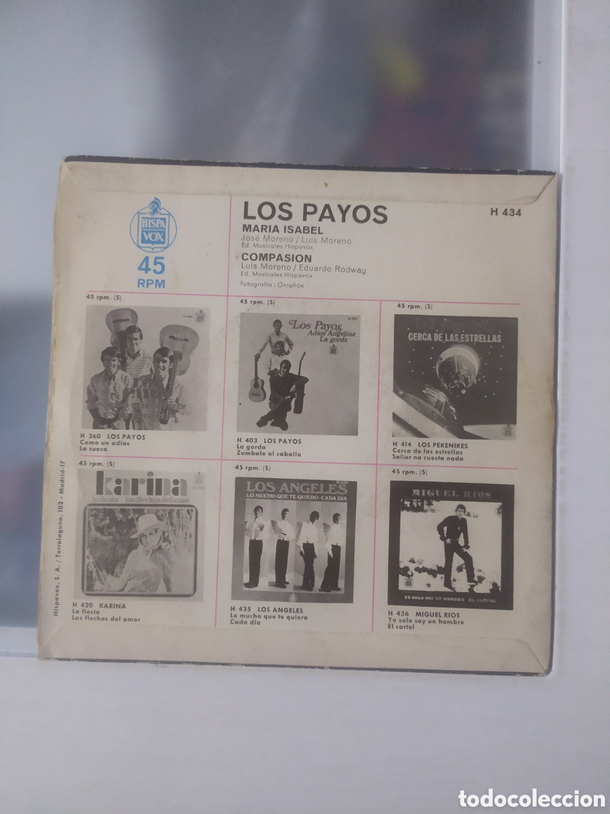 Discos de vinilo: Single Los Payos. Mar&iacute;a Isabel / Compasion - Foto 2