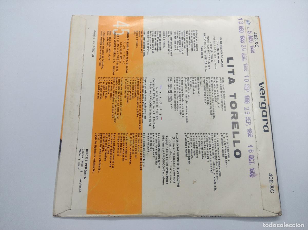Discos de vinilo: LITA TORELLO/EL DERECHO DE AMAR/SINGLE. - Foto 3