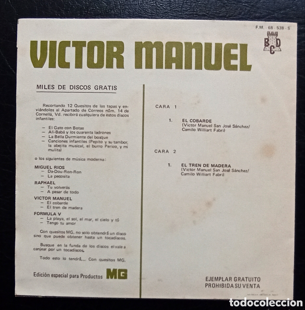 Discos de vinilo: SINGLE V&Iacute;CTOR MANUEL - EL COBARDE - BCD 1970 - Foto 1