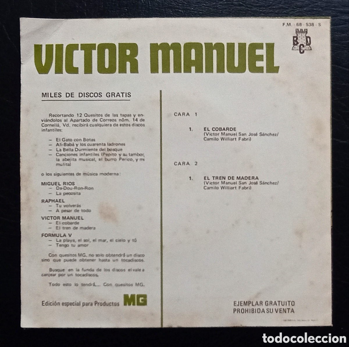 Discos de vinilo: SINGLE V&Iacute;CTOR MANUEL - EL COBARDE BCD 1970 - Foto 1