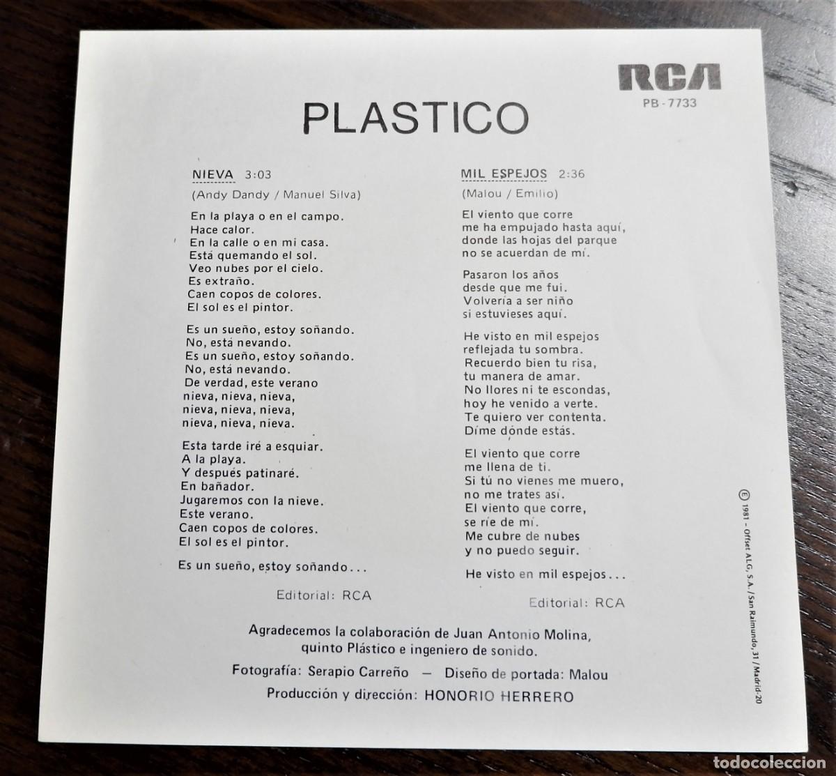 Discos de vinilo: PLASTICO - Nieva - Single (RCA 1981) + Insert - Ecelente estado - Foto 3
