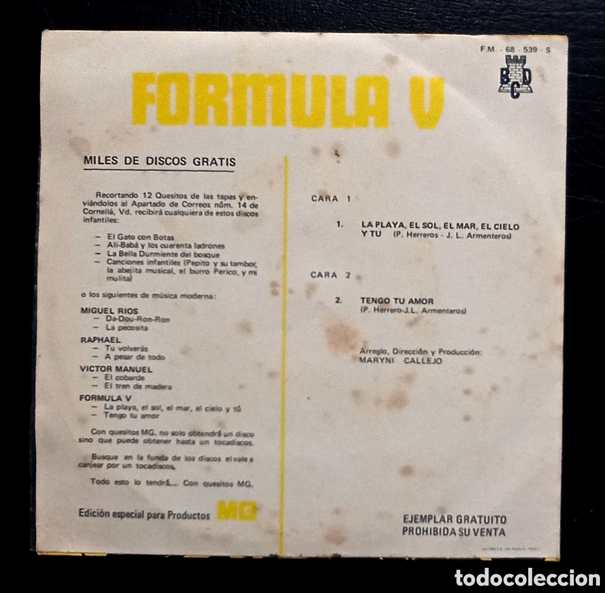 Discos de vinilo: SINGLE FORMULA V - TENGO TU AMOR - BCD 1970 - Foto 2
