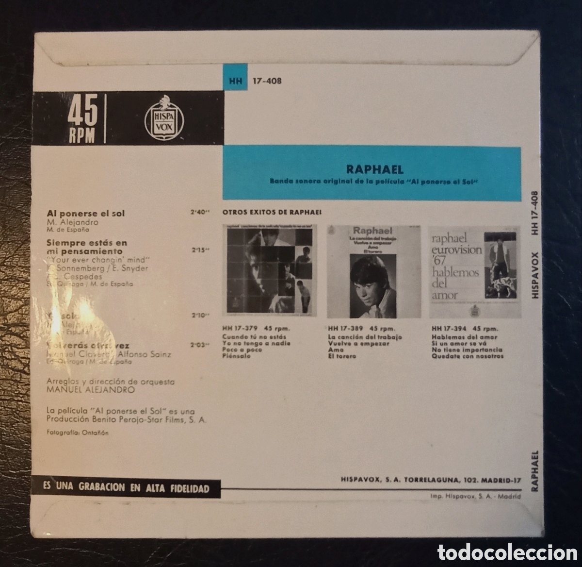 Discos de vinilo: EP RAPHAEL - AL PONERSE EL SOL - HISPAVOX 1967 - Foto 2
