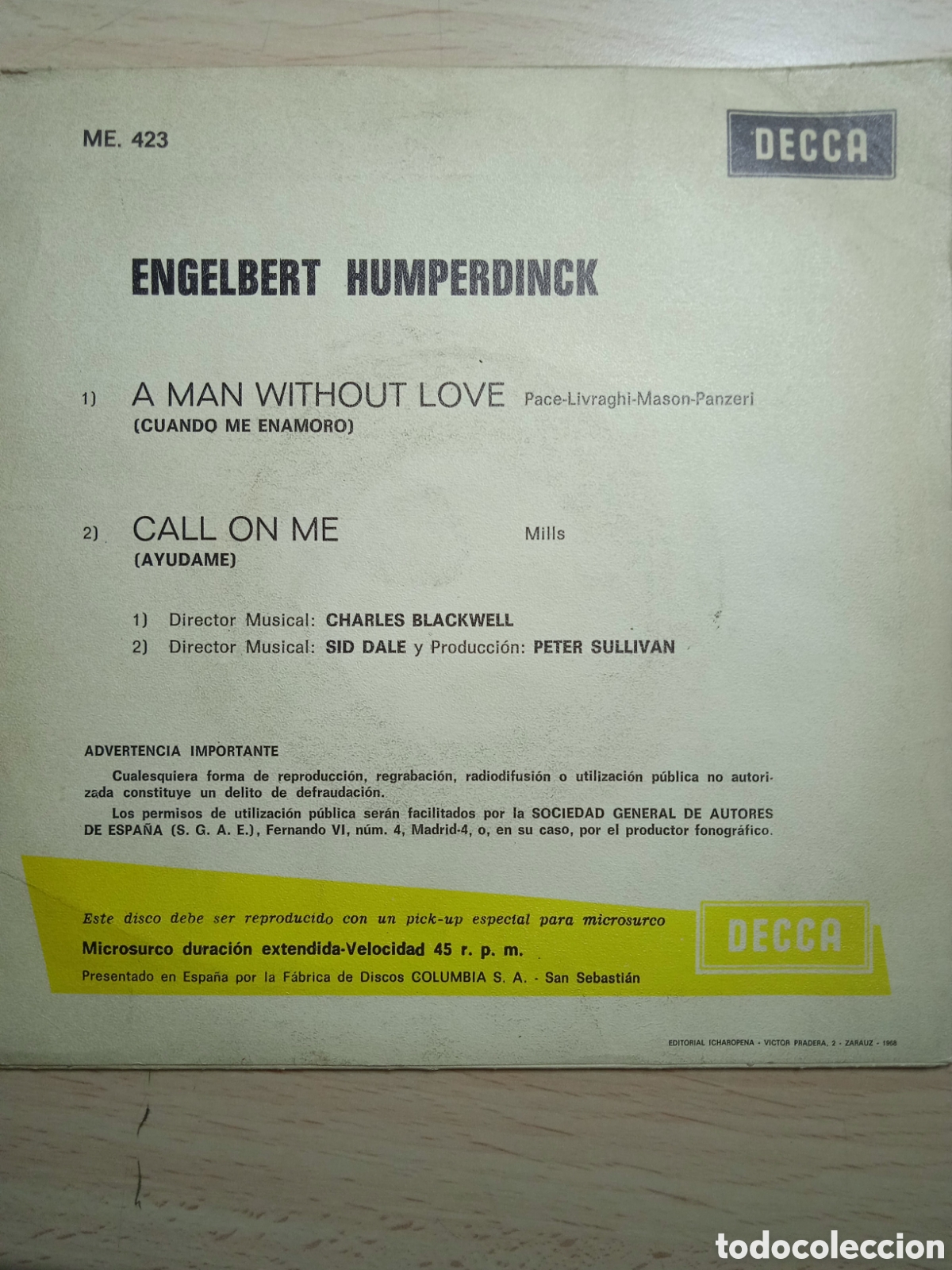 Discos de vinilo: Single 7&rdquo; Engelbert Humperdinck 1967.Call on me. - Foto 2
