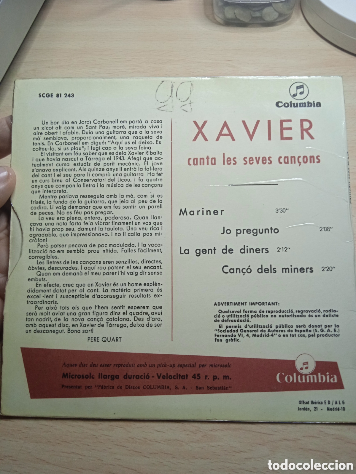 Discos de vinilo: EP 7&rdquo; Xavier 1966 Canta las sevas can&ccedil;ons. - Foto 2