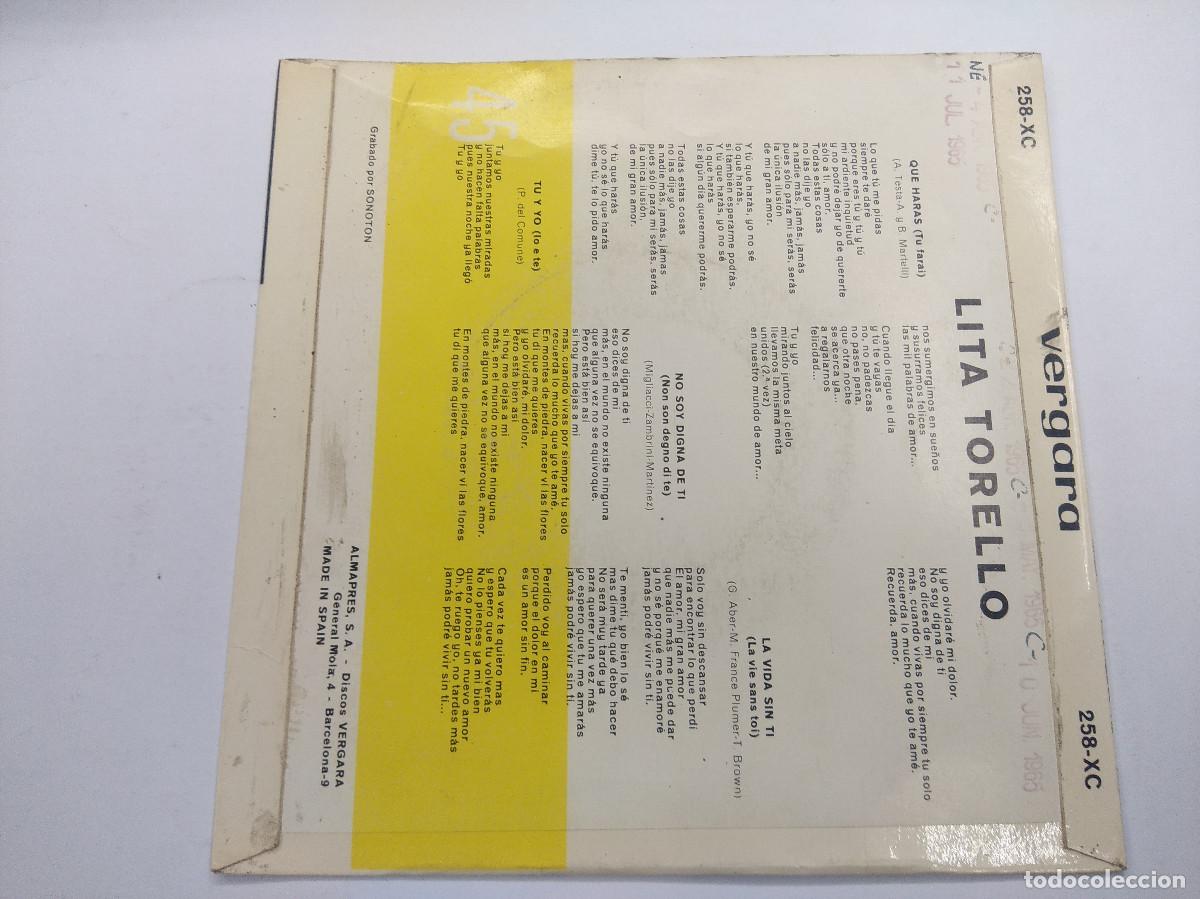 Discos de vinilo: LITA TORELLO/QUE HARAS/SINGLE. - Foto 3