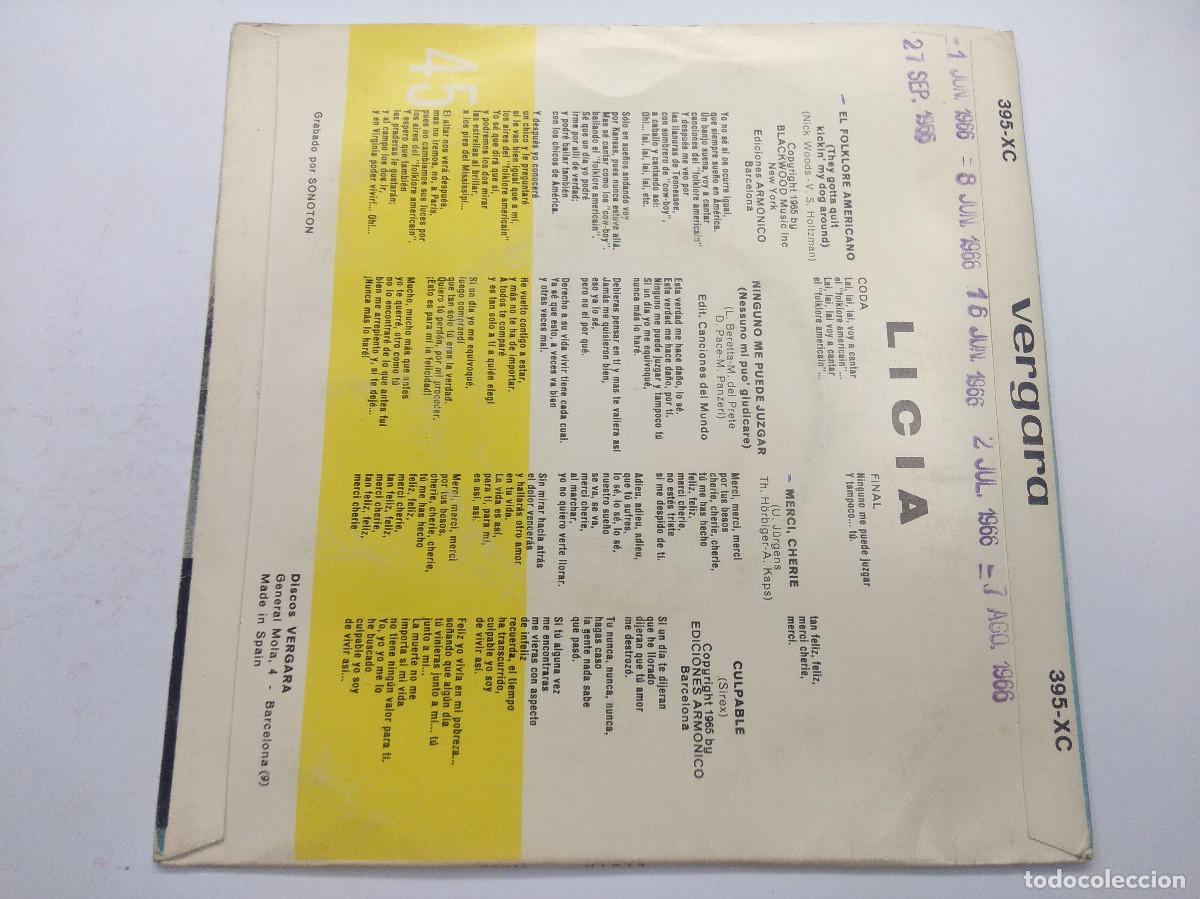 Discos de vinilo: LICIA/EL FOLKLORE ME PUEDE JUZGAR/SINGLE. - Foto 3