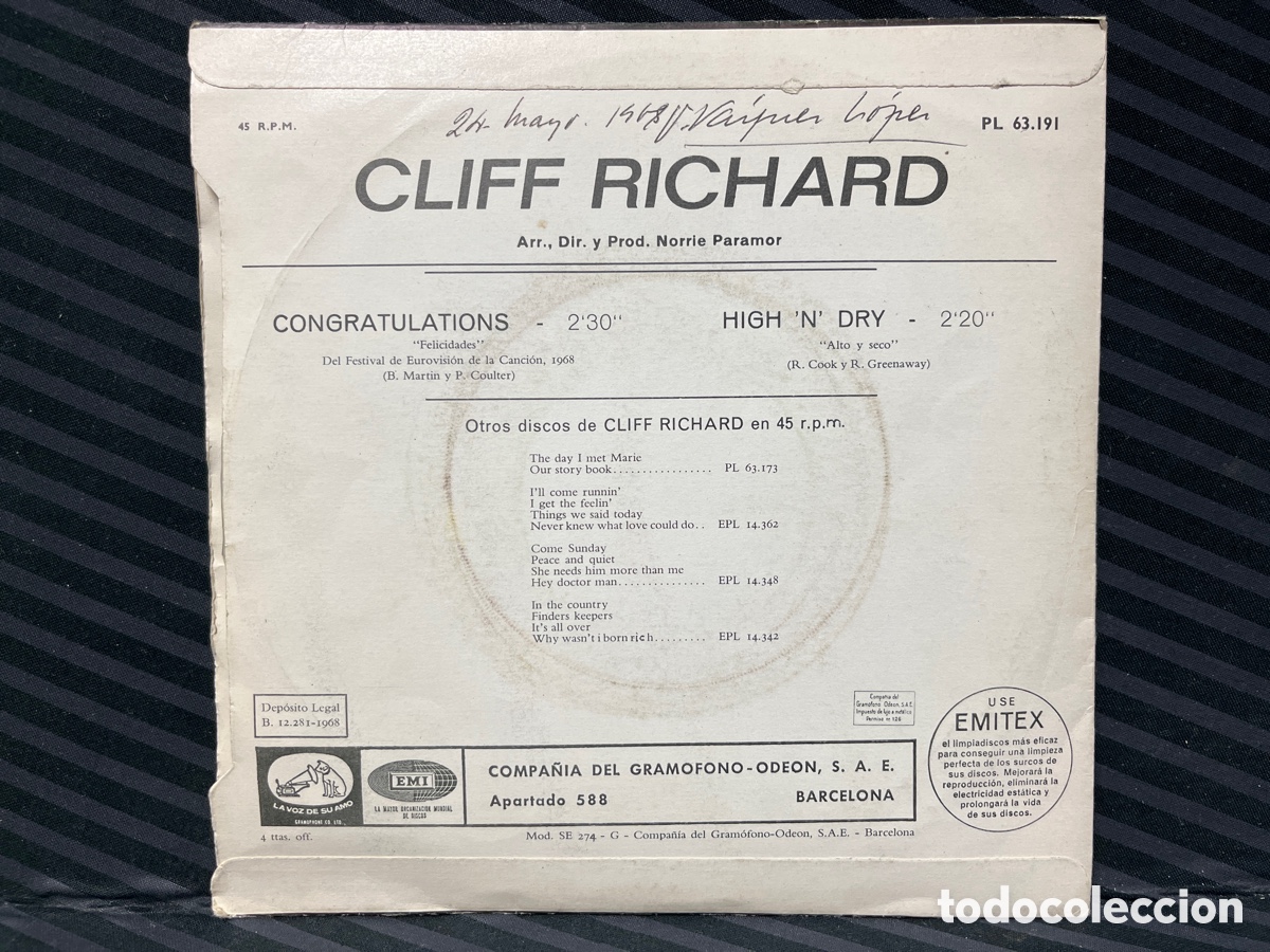 Discos de vinilo: Cliff Richard - Congratulations (7&rdquo;, Single) - Foto 2