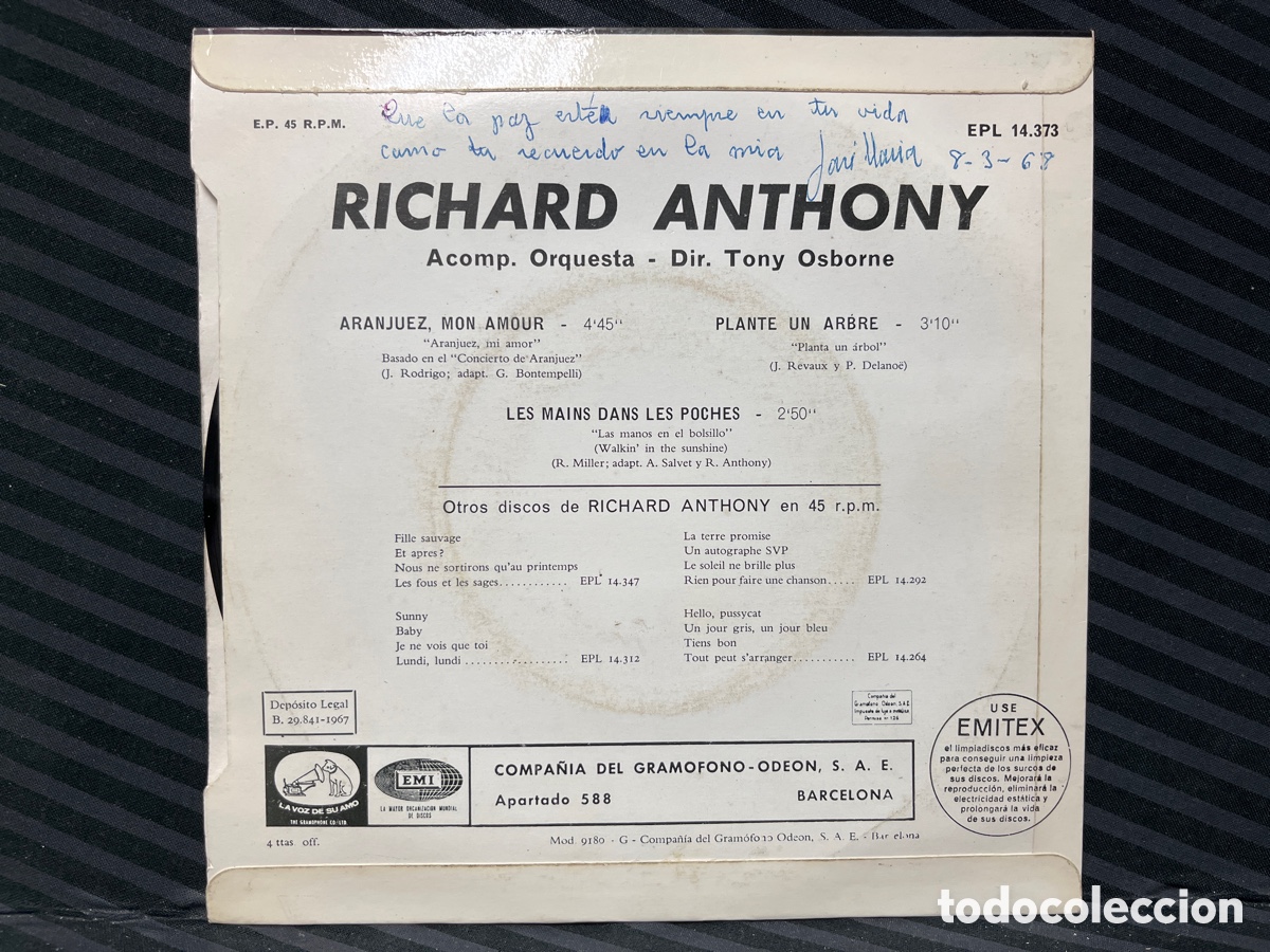 Discos de vinilo: Richard Anthony - Aranjuez, Mon Amour (7&rdquo;, EP) - Foto 2