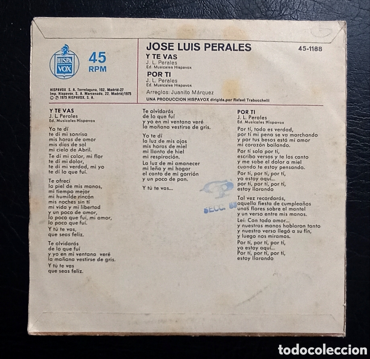 Discos de vinilo: SINGLE JOSE LUIS PERALES - Y TE VAS - HISPAVOX 1975 - Foto 2