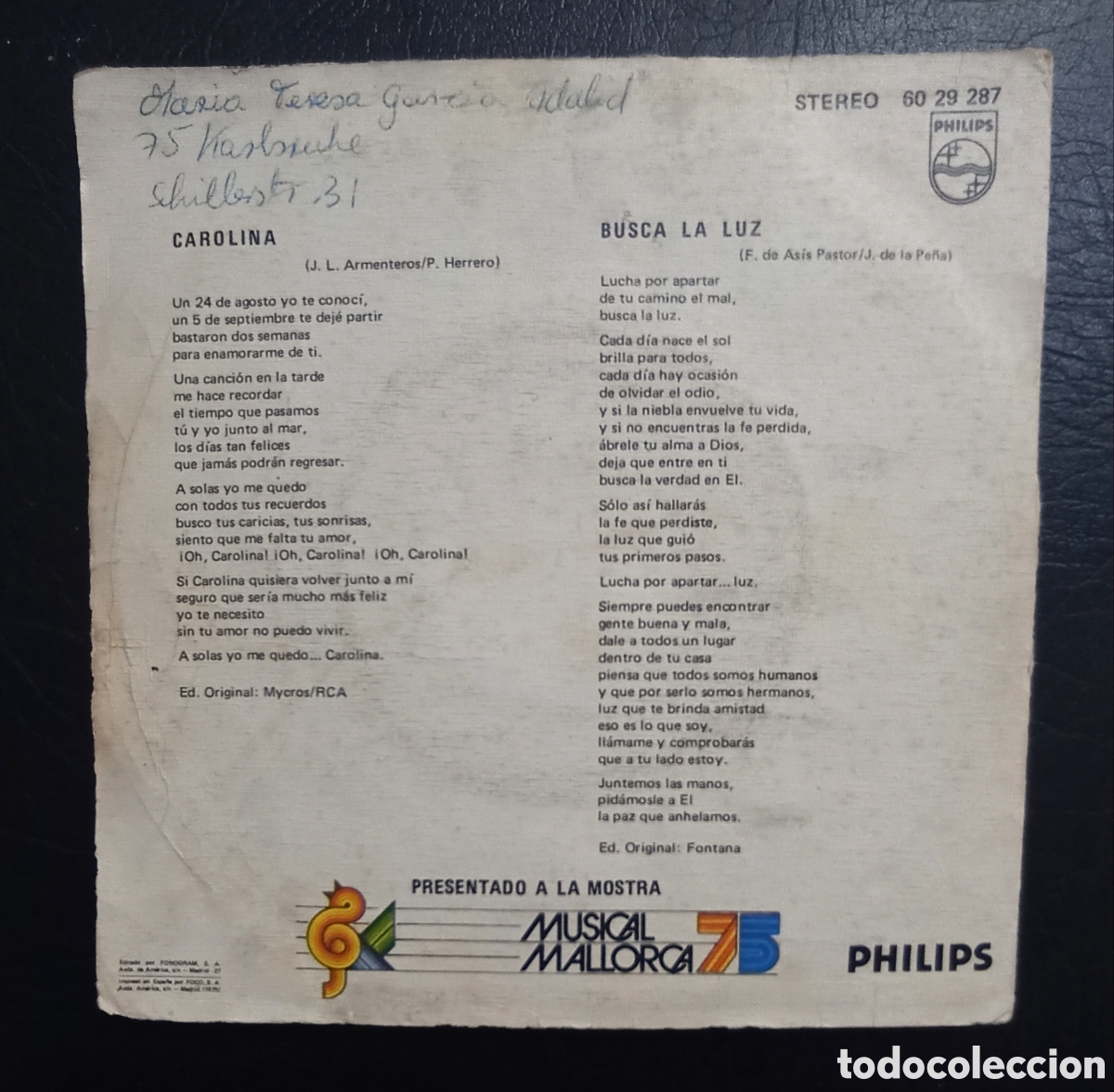 Discos de vinilo: SINGLE F&Oacute;RMULA V - CAROLINA - PHILIPS 1975 - Foto 2