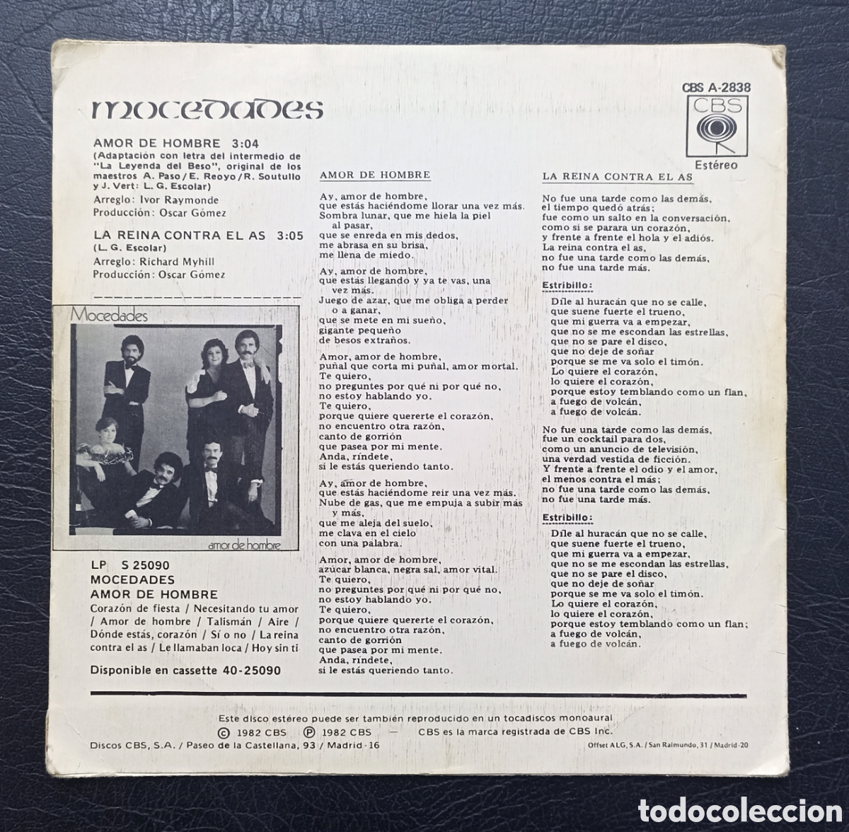 Discos de vinilo: SINGLE MOCEDADES - AMOR DE HOMBRE - CBS 1982 - Foto 2