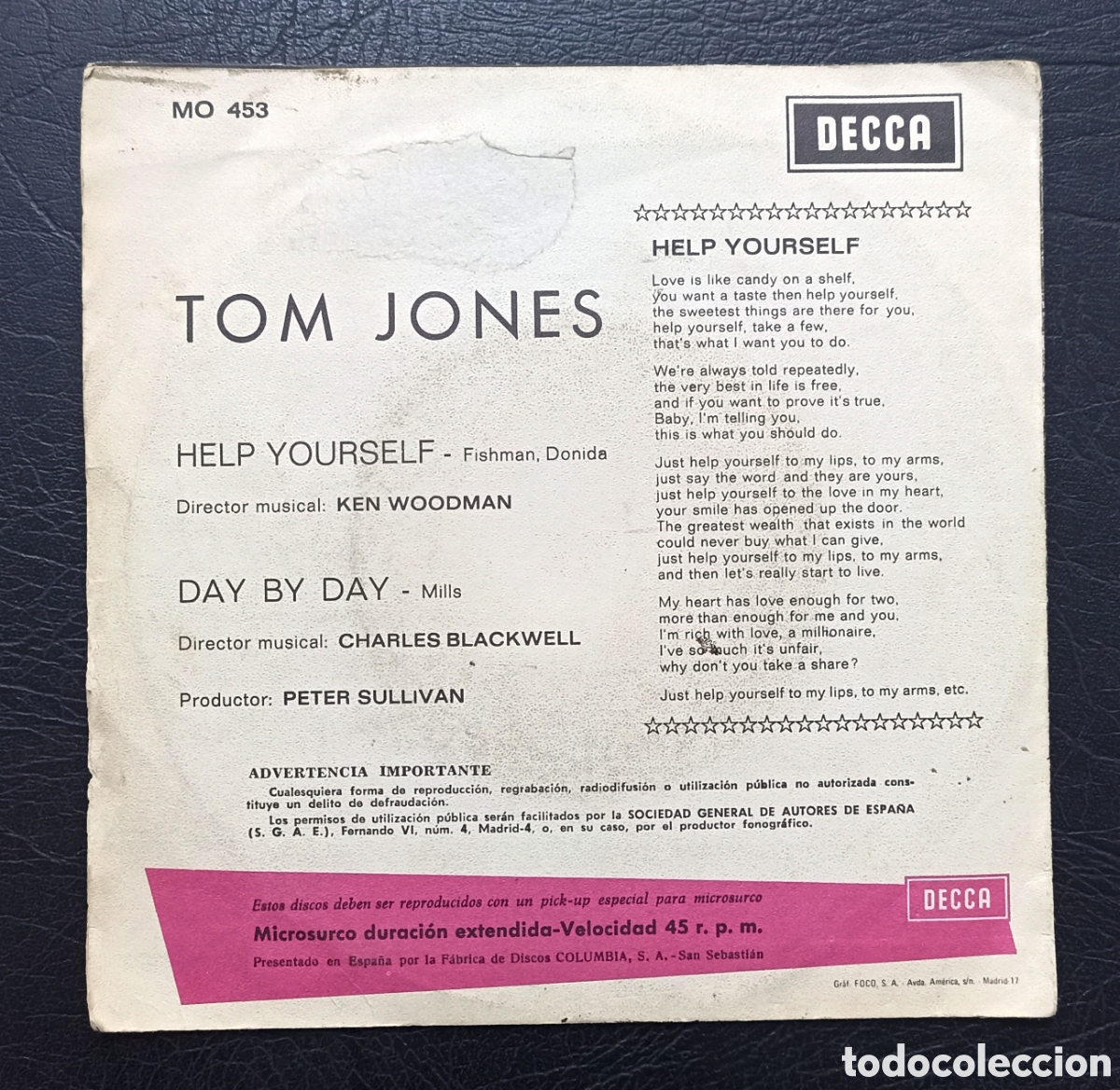 Discos de vinilo: SINGLE TOM JONES - HELP YOURSELF - DECCA 1968 - Foto 2