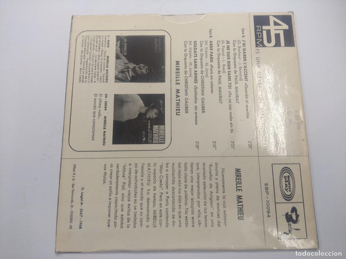 Discos de vinilo: MIREILLE MATHIEU/JAI GARDE IACCENT/SINGLE. - Foto 3