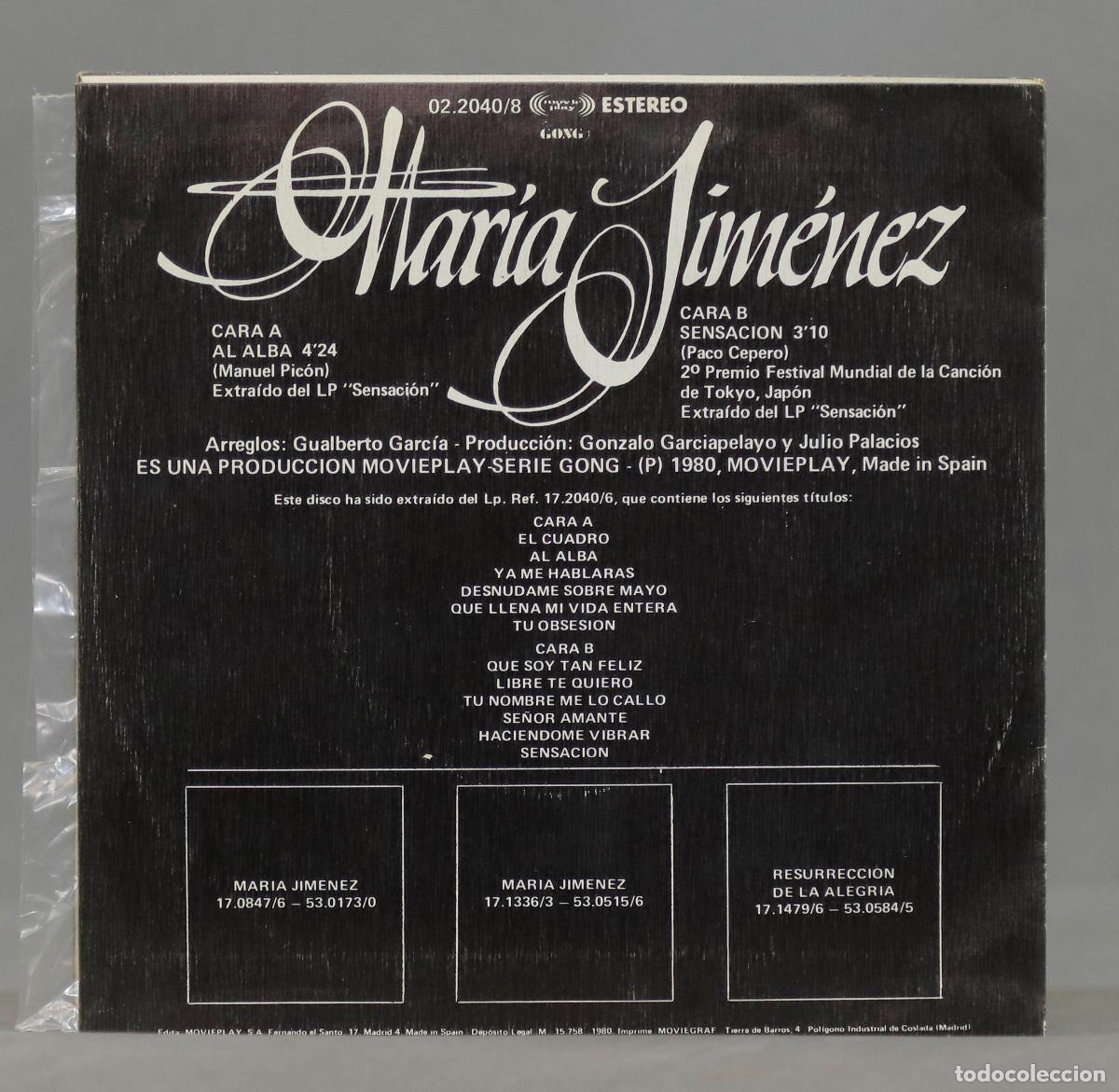 Discos de vinilo: SINGLE. Mar&iacute;a Jim&eacute;nez &ndash; Al Alba / Sensaci&oacute;n - Foto 2
