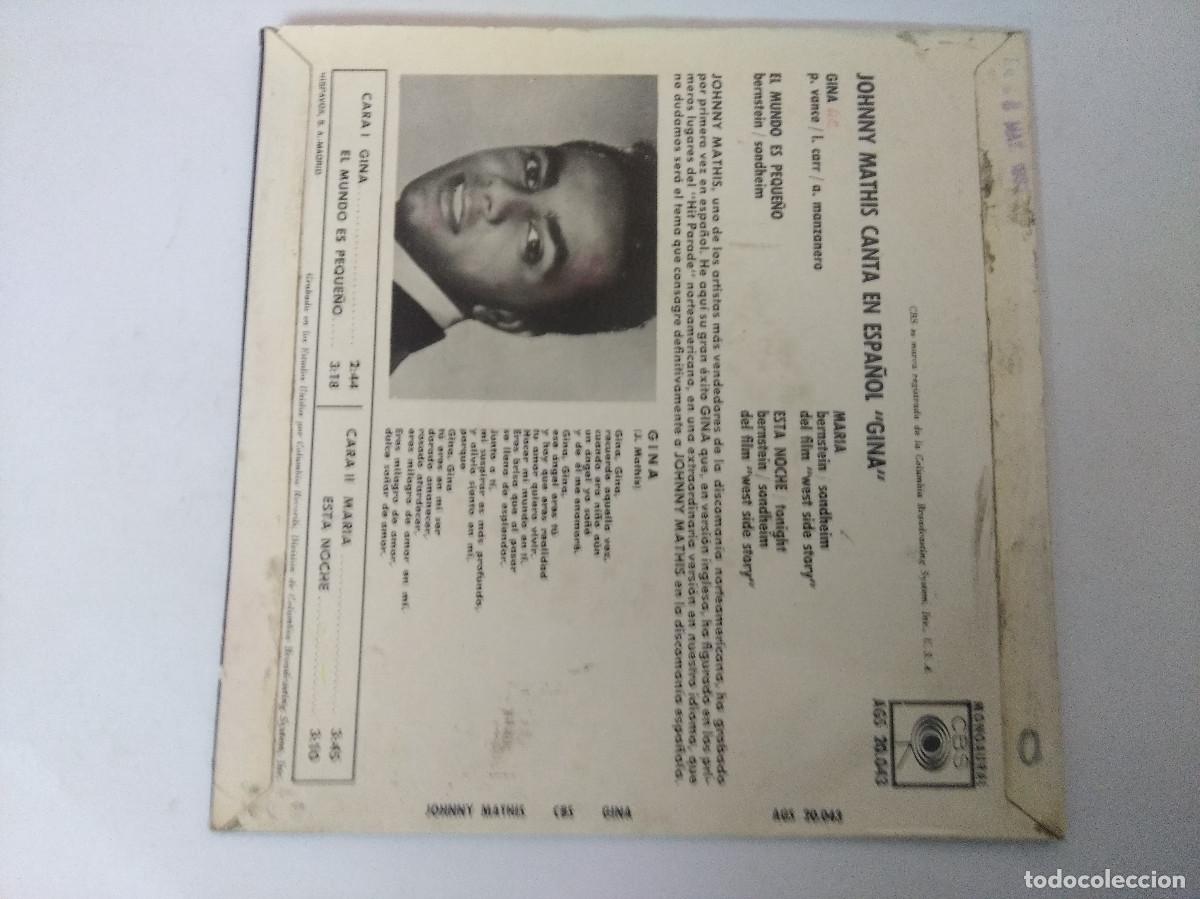 Discos de vinilo: JOHNNY MATHIS/GINA/SINGLE. - Foto 3