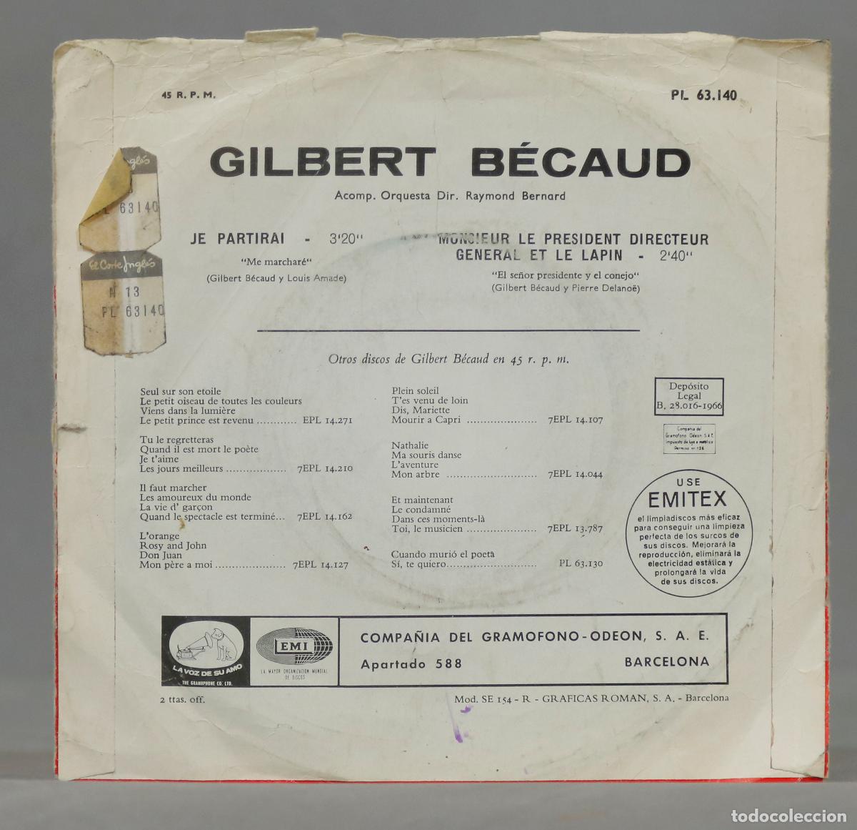 Discos de vinilo: SINGLE. GILBERT BECAUD. JE PARTIRAI - Foto 2