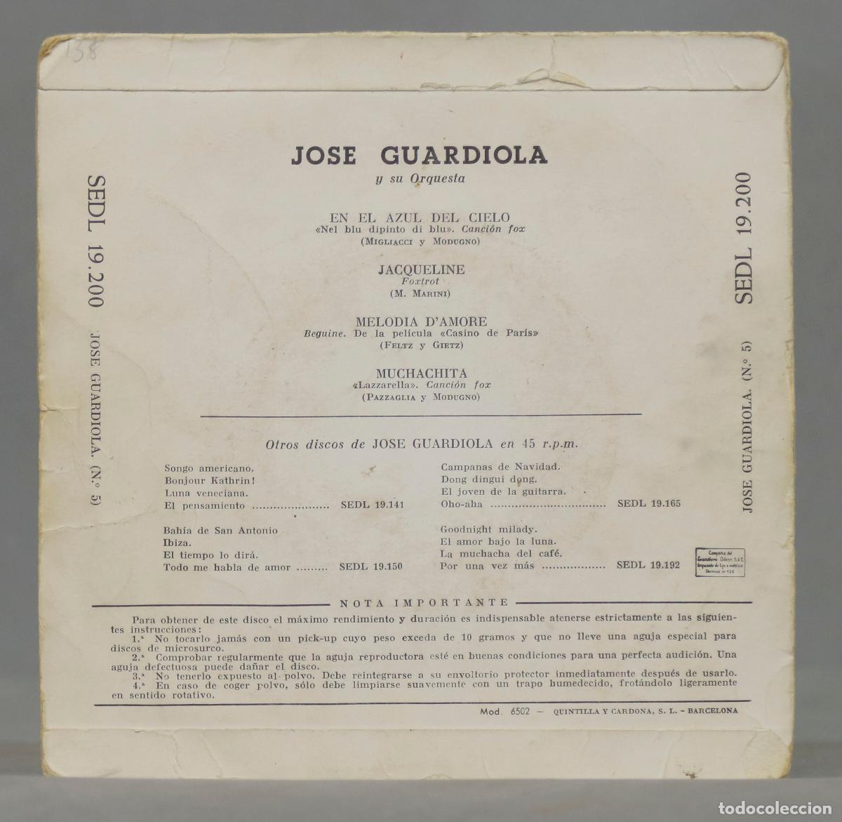 Discos de vinilo: EP. Jos&eacute; Guardiola &ndash; En El Azul Del Cielo - Foto 2