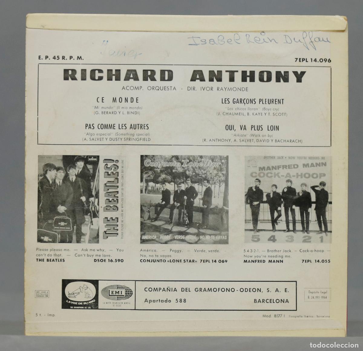 Discos de vinilo: EP. Richard Anthony &ndash; Ce Monde - Foto 2