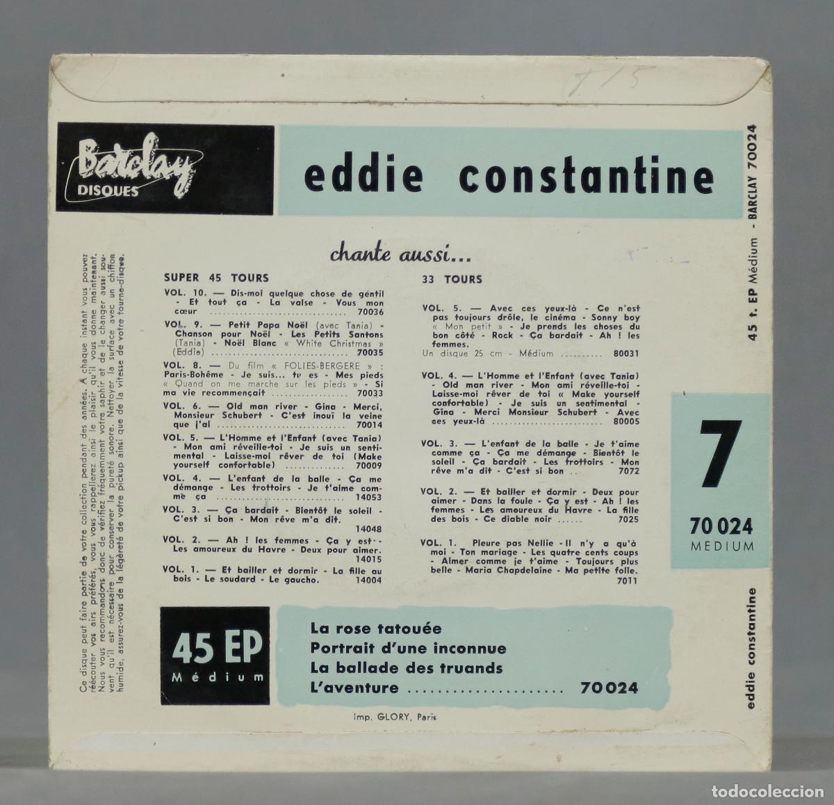 Discos de vinilo: EP. Eddie Constantine &ndash; 7 - La Rose Tatou&eacute;e - Foto 2