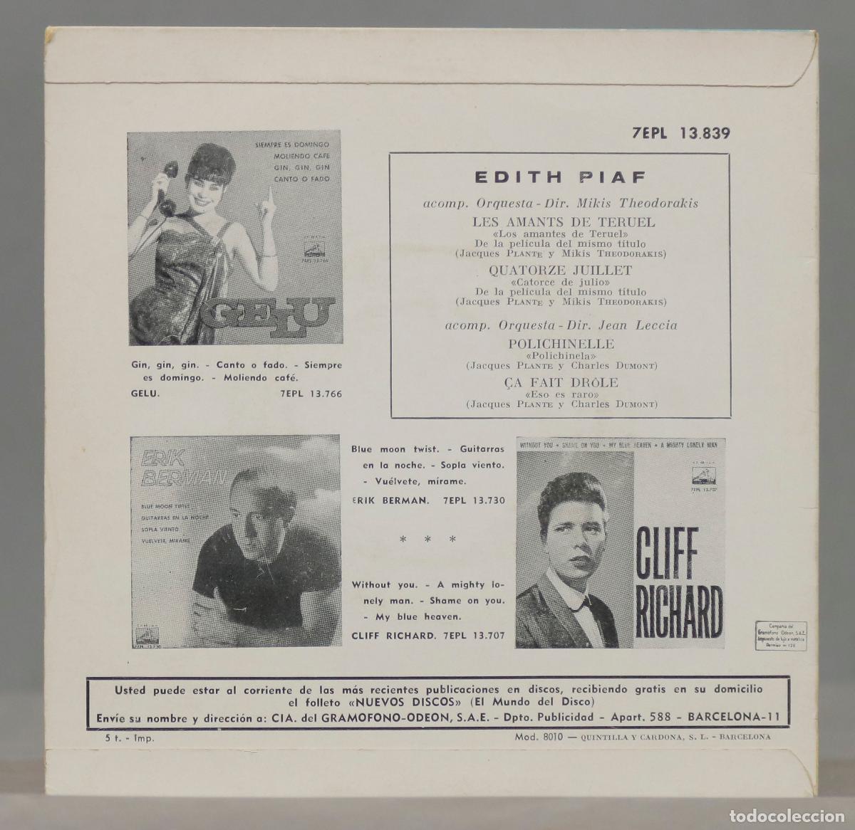 Discos de vinilo: EP. EDITH PIAF / Les amants de Teruel - Foto 2