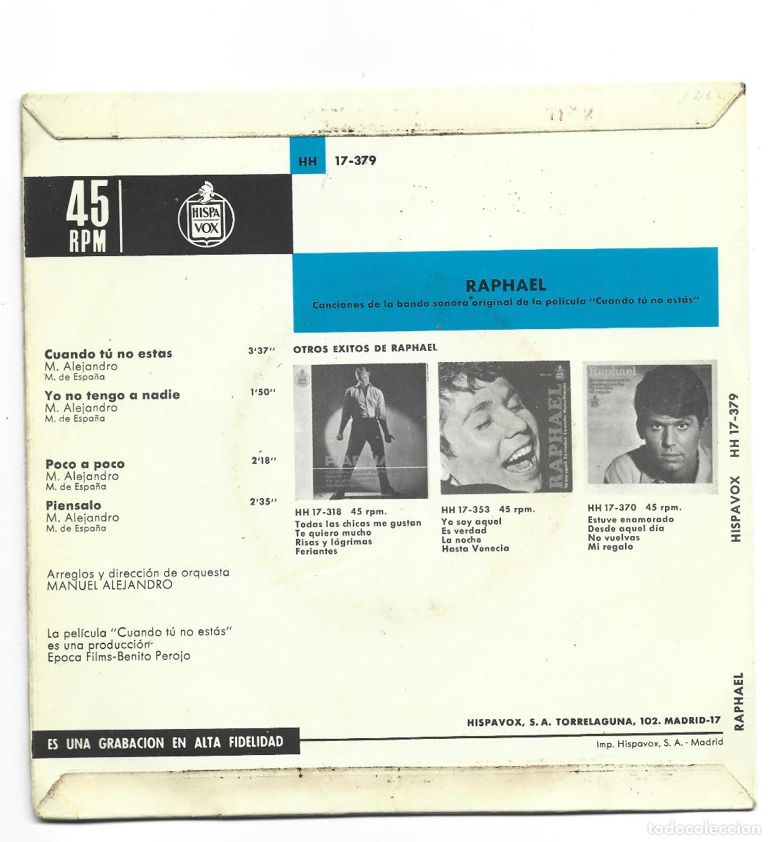Discos de vinilo: RAPHAEL-CANCIONES DE LA PELICULA CUANDO TU NO ESTAS - Foto 2