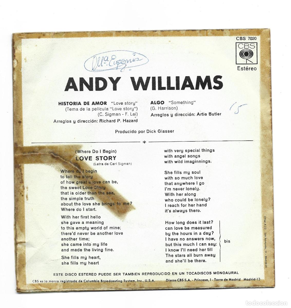 Discos de vinilo: ANDY WILLIAMS-HISTORIA DE AMOR-ALGO - Foto 2
