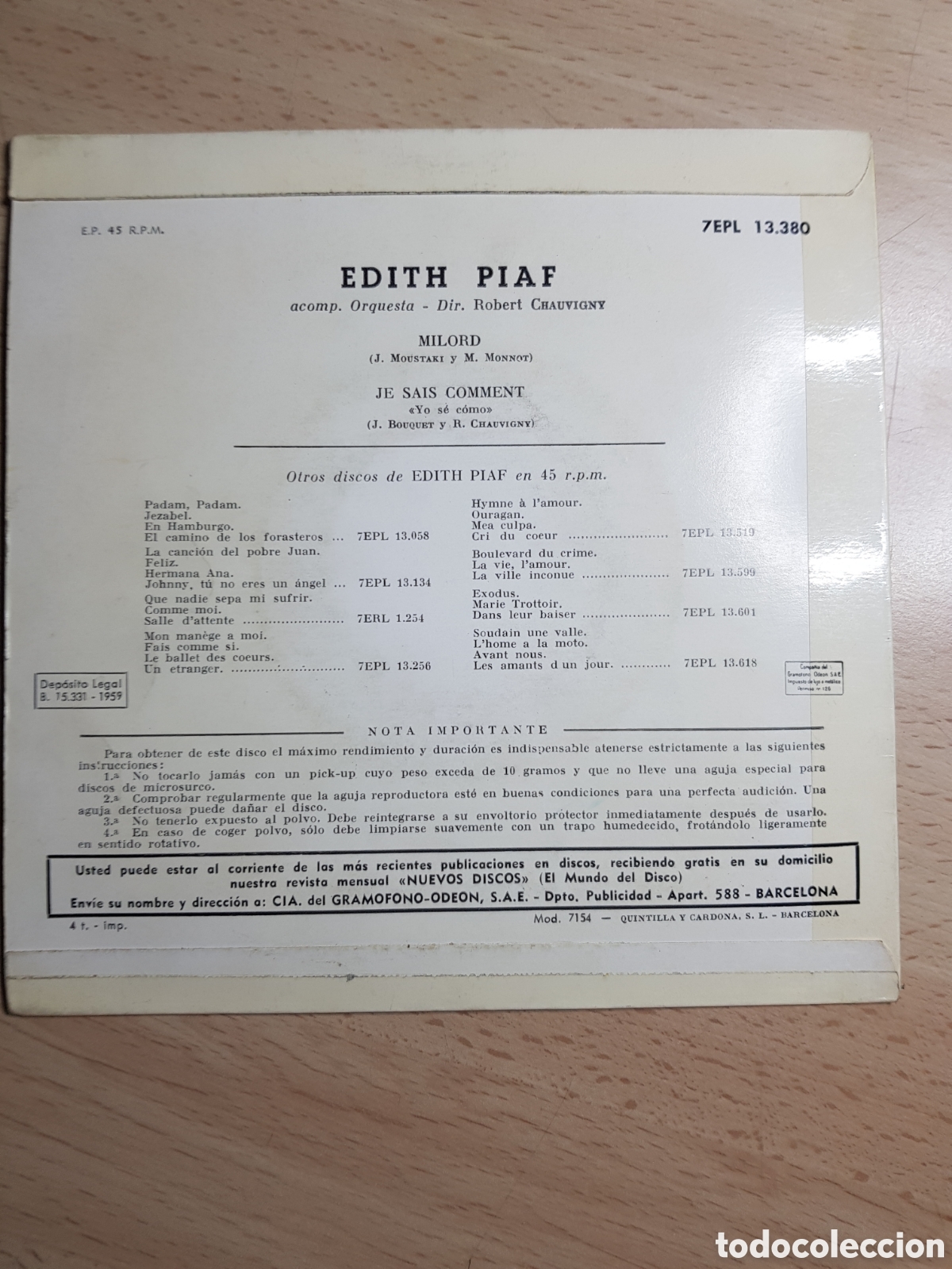 Discos de vinilo: Single 7&rdquo; Edith Piaf 1959 Milord + Je dais comment. - Foto 2