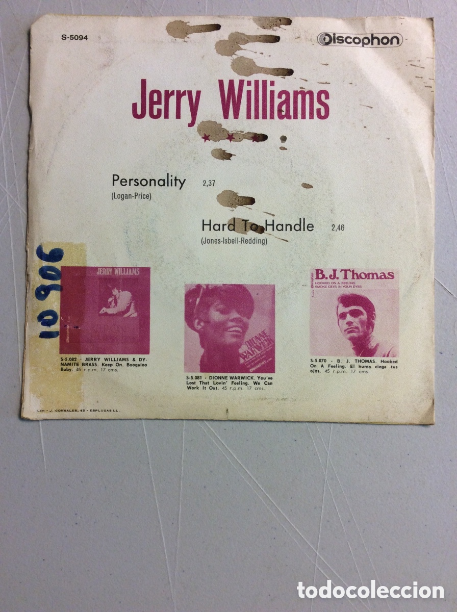 Discos de vinilo: Jerry Williams. Personality. Hard to handle. - Foto 2