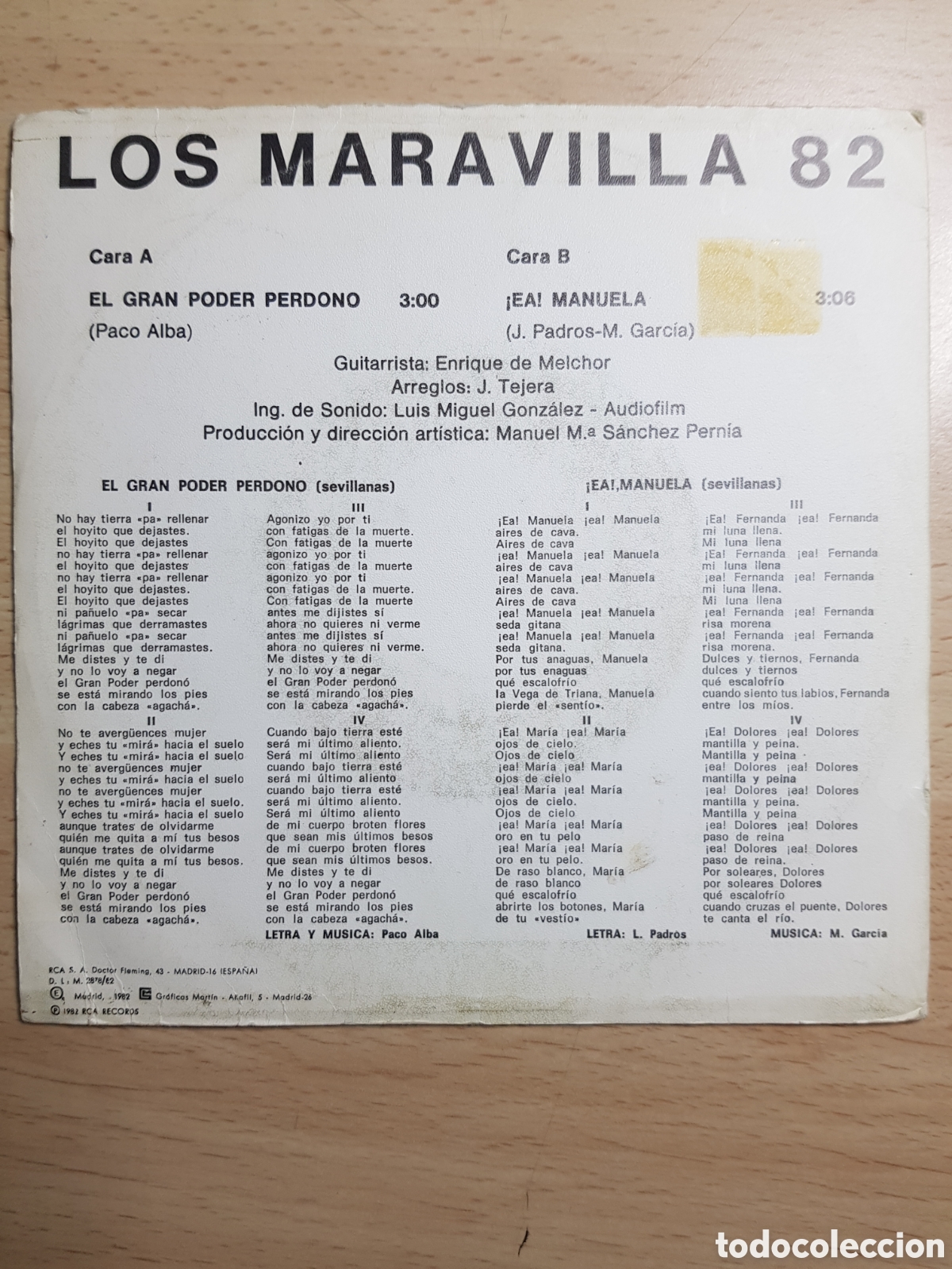 Discos de vinilo: Single 7&rdquo; Los Maravilla 1982 Sevillanas. El gran poder perdon&oacute;. - Foto 2