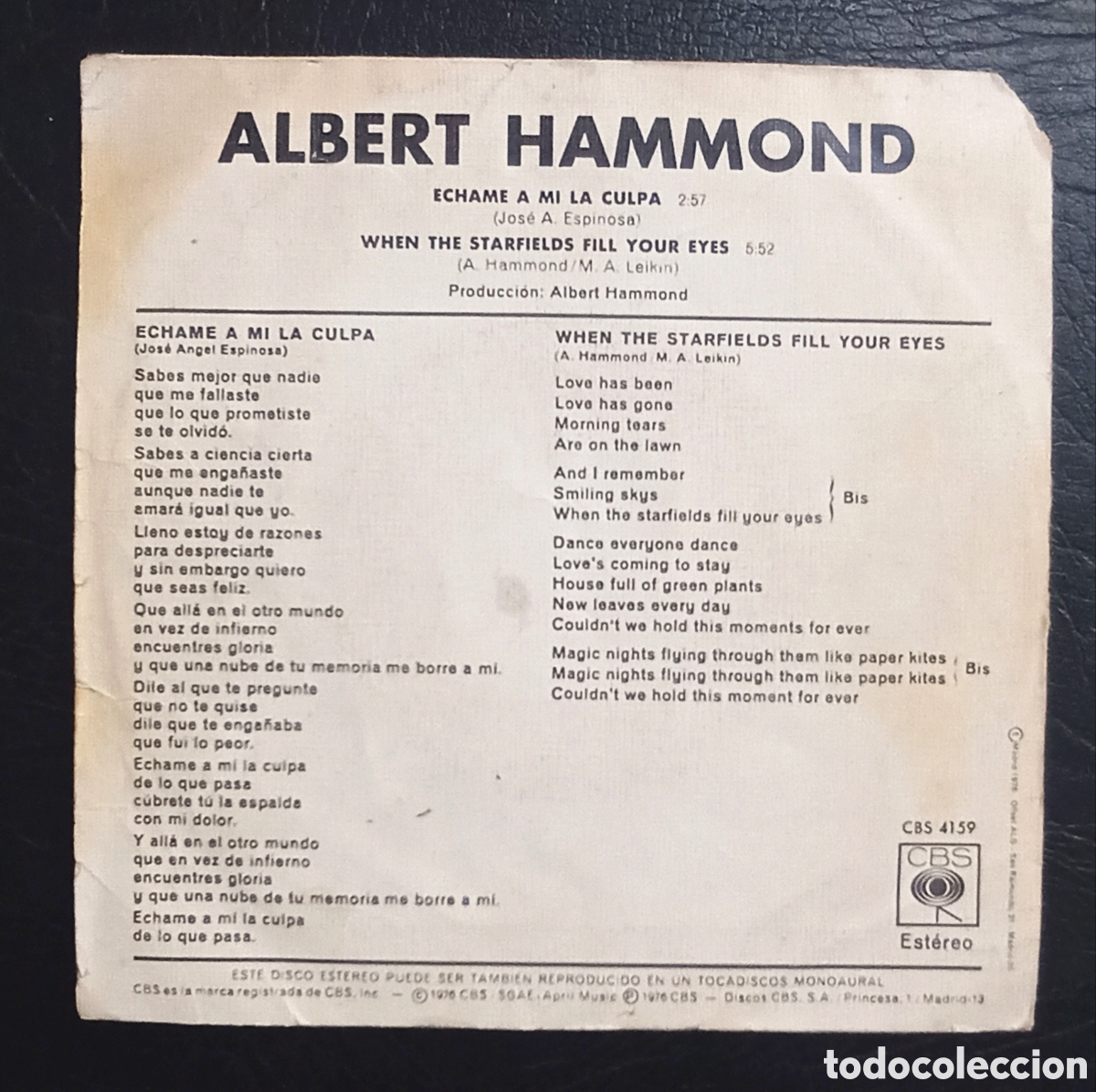 Discos de vinilo: SINGLE ALBERT HAMMOND - ECHAME A MI LA CULPA - CBS 1976 - Foto 2