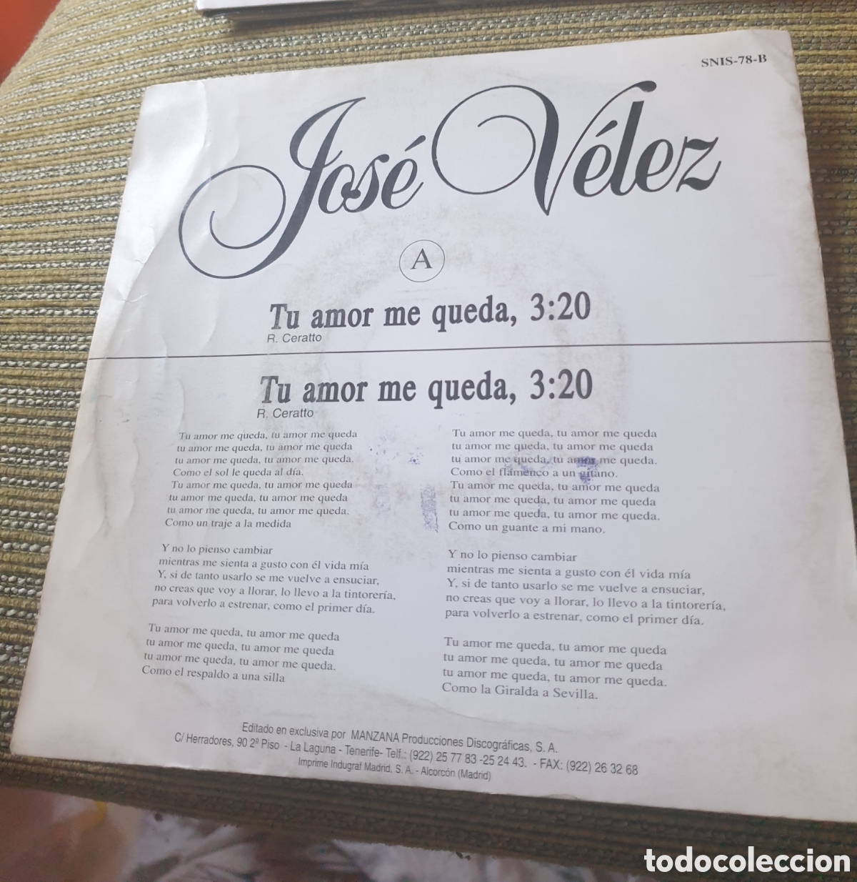 Discos de vinilo: Jose Velez - tu amor me queda - Foto 2