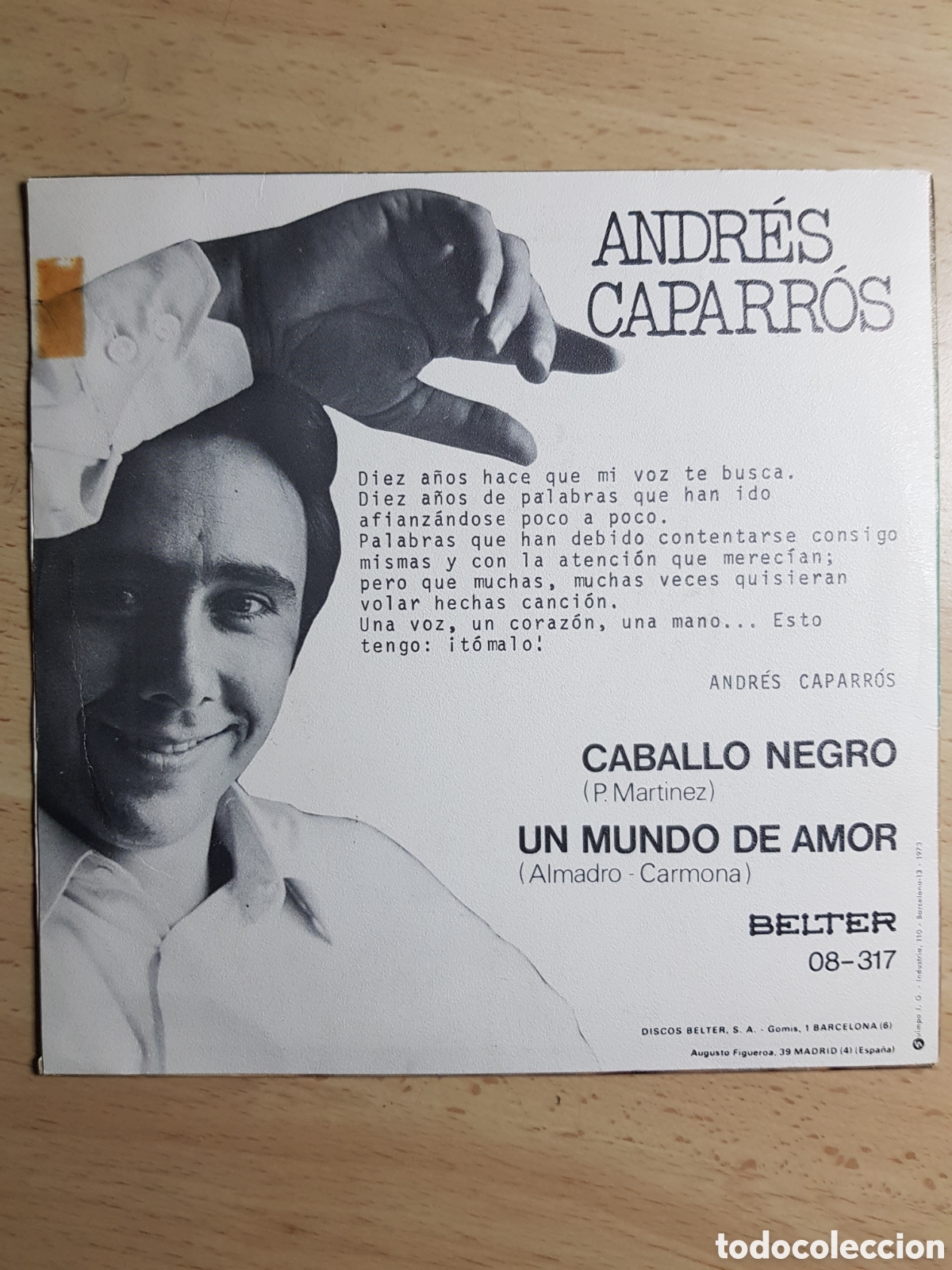 Discos de vinilo: Single 7&rdquo; Andr&eacute;s Caparros 1973 caballo negro. - Foto 2