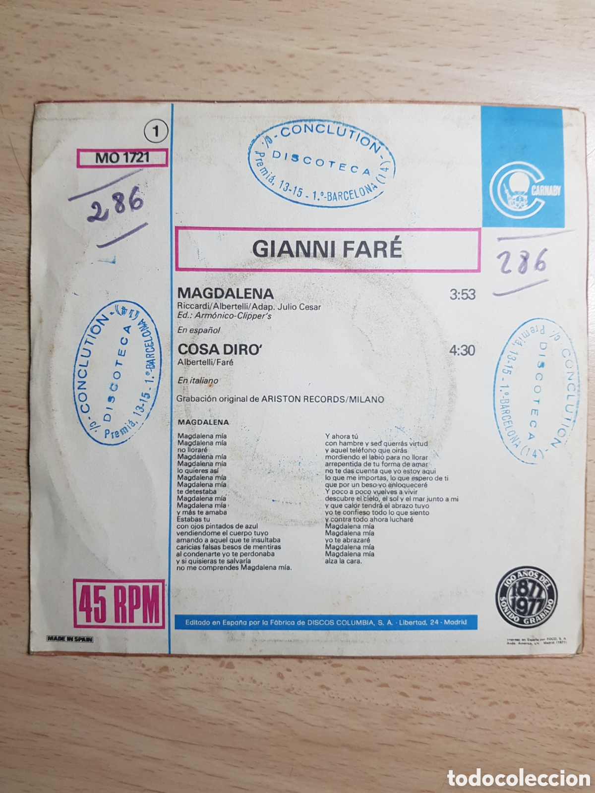 Discos de vinilo: Single 7&rdquo; Gianni Fare 1977 Magdalena. - Foto 2