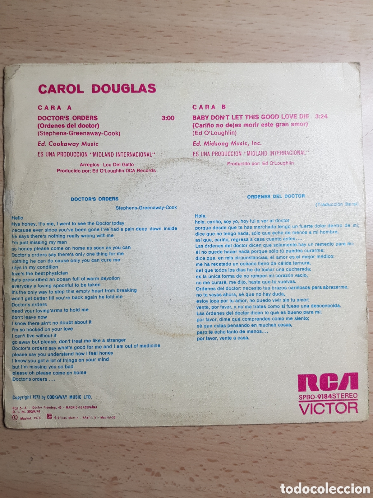 Discos de vinilo: Single 7&rdquo; Carol Douglas 1974 Doctors Orders. - Foto 2