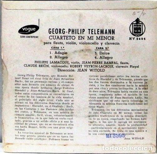 Discos de vinilo: TELEMANN - CUARTETO EN MI MENOR - SINGLE - Foto 2