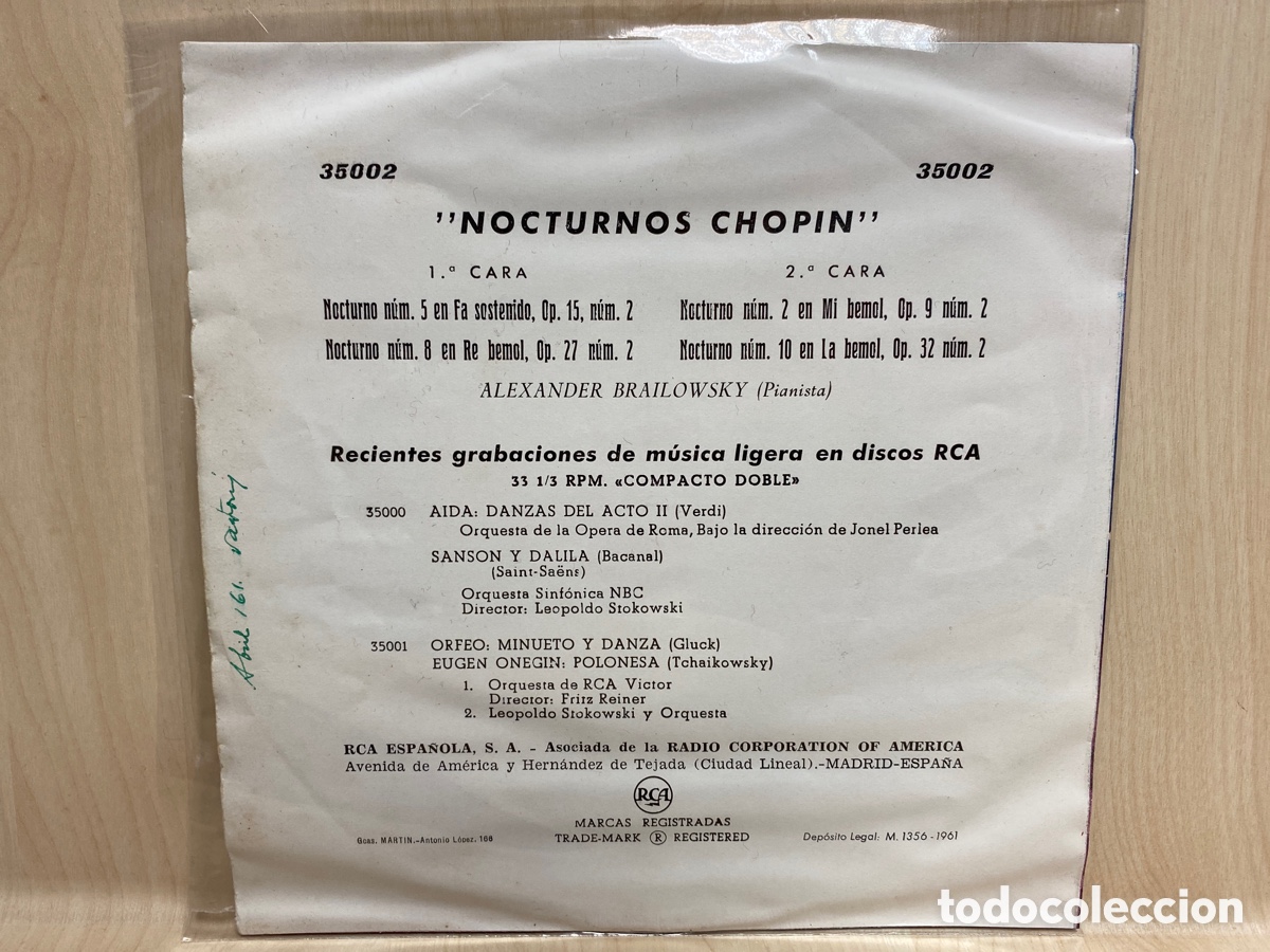 Discos de vinilo: Chopin, Alexander Brailowsky - Nocturnos (7&rdquo;, EP) - Foto 2