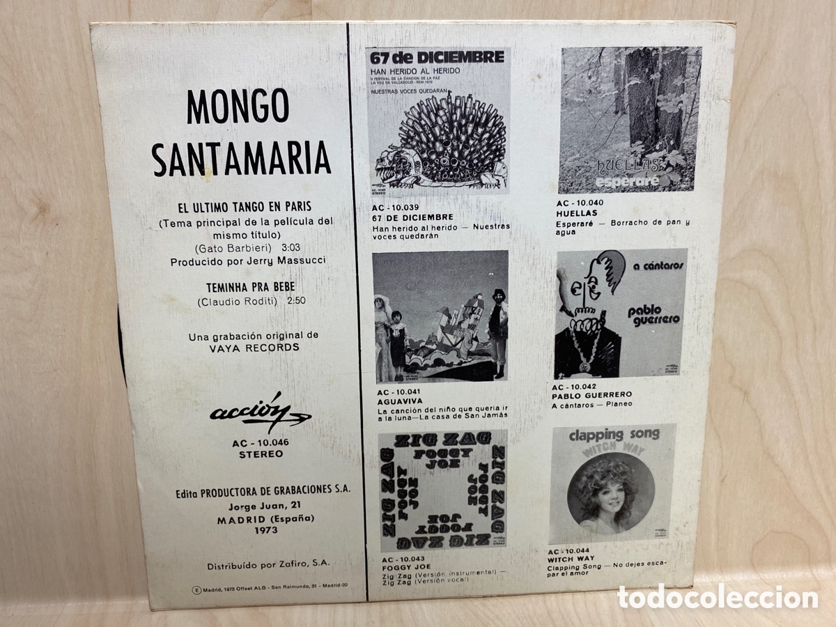 Discos de vinilo: Mongo Santamaria - El &Uacute;ltimo Tango En Par&iacute;s (7&rdquo;, Single) - Foto 2