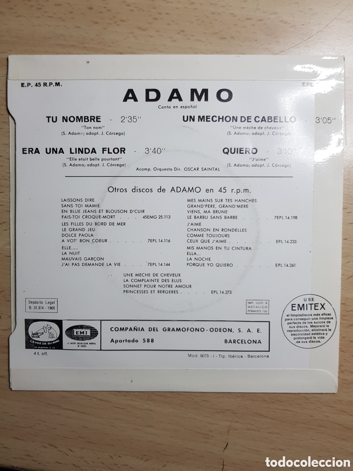 Discos de vinilo: EP 7&rdquo; Adamo 1966 Tu nombre + 3. - Foto 2