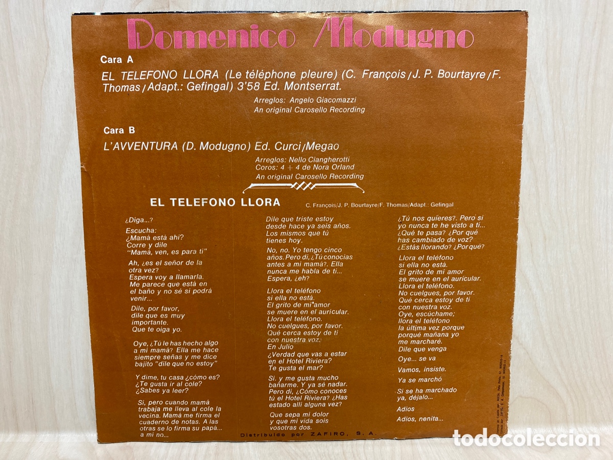 Discos de vinilo: Domenico Modugno - El Tel&eacute;fono Llora (7&rdquo;, Single) - Foto 2