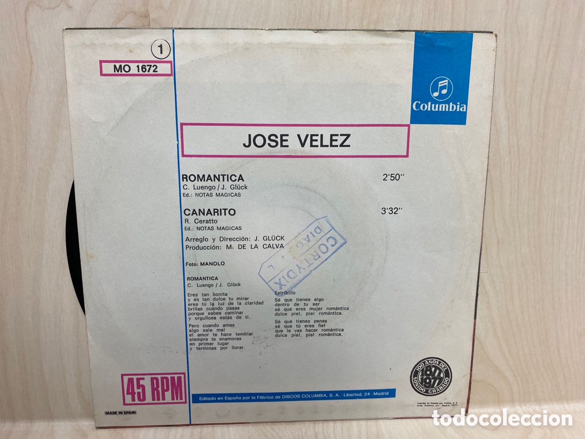 Discos de vinilo: Jos&eacute; V&eacute;lez - Rom&aacute;ntica (7&rdquo;, Single) - Foto 2