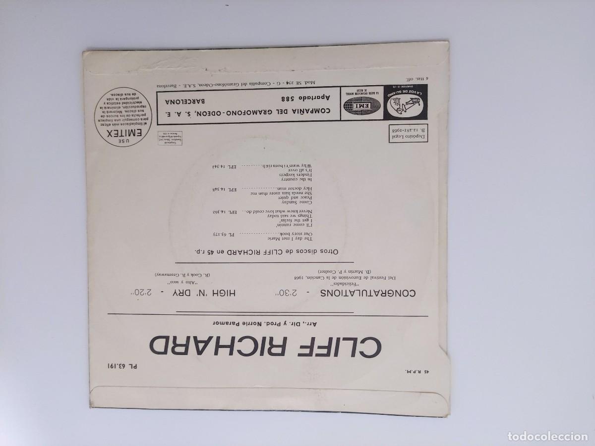Discos de vinilo: CLIFF RICHARD CONGRATULATIONS ESPA&Ntilde;OL SINGLE 7&rdquo; VINYL - Foto 2