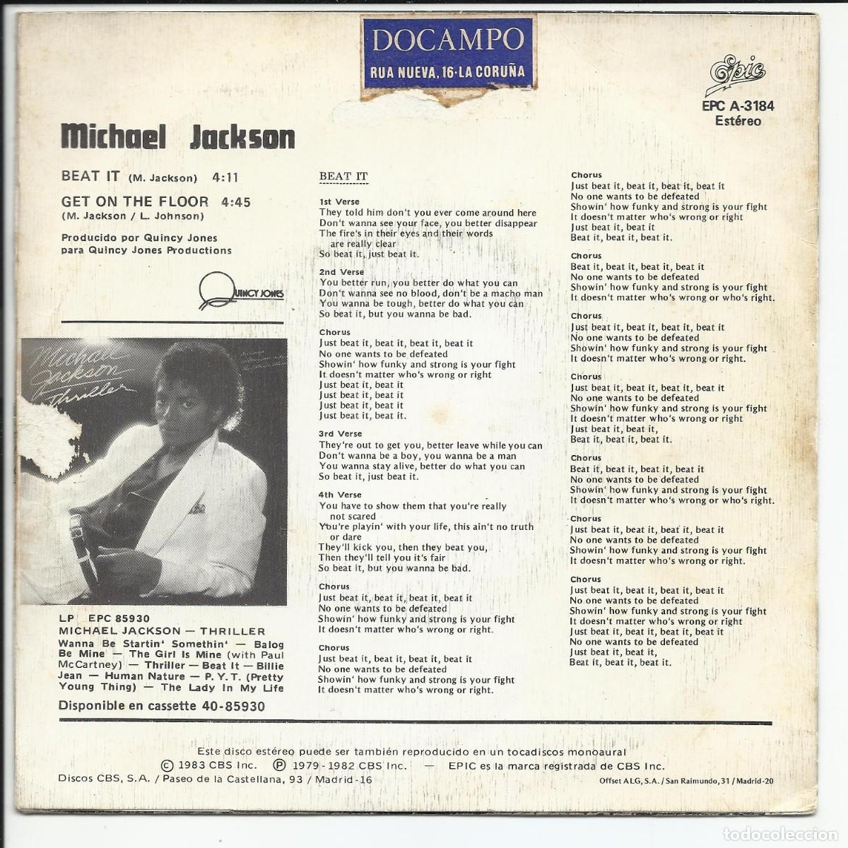 Discos de vinilo: Michael Jackson &ndash; Beat It Single 1983 Epic &ndash; EPC A-3184 - Foto 2