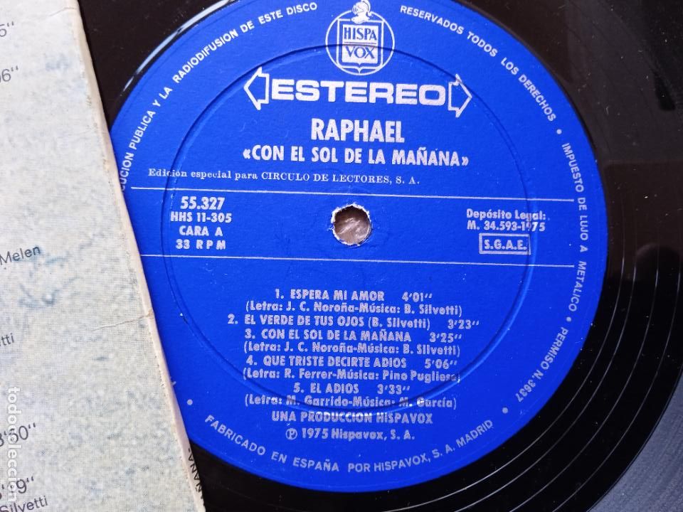 Discos de vinilo: RAPHAEL. LP. CON EL SOL DE LA MA&Ntilde;ANA. MADE IN SPAIN. 1975. HISPAVOX - Foto 3
