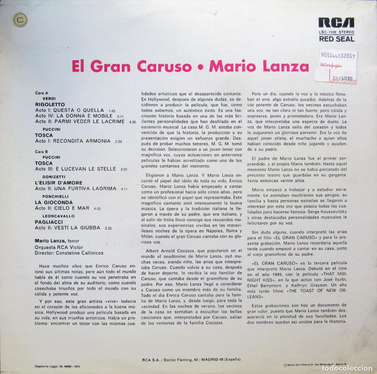 Discos de vinilo: MARIO LANZA - EL GRAN CARUSO - Foto 2