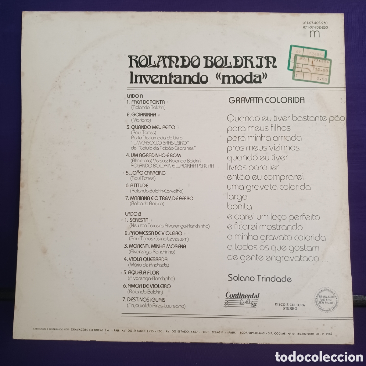 Discos de vinilo: ROLANDO BOLDRIN - INVENTANDO ( MODA ) 1982 CONTINENTAL BRASIL - Foto 2