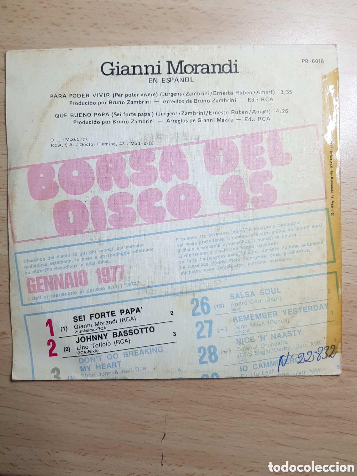 Discos de vinilo: Single 7&rdquo; Gianni Morandi 1972 Para poder vivir + Que bueno pap&aacute;. - Foto 2