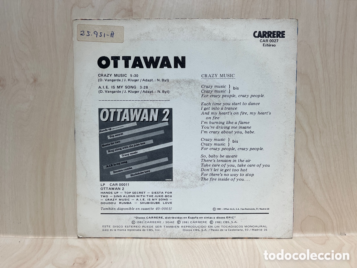 Discos de vinilo: Ottawan - Crazy Music (7&rdquo;, Single) Promo - Foto 2